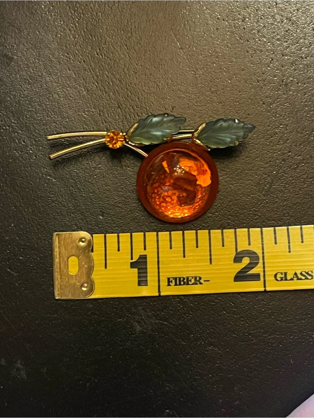 Vintage Orange Glass Fruit Brooch with Frosted Green Leaves Austria
